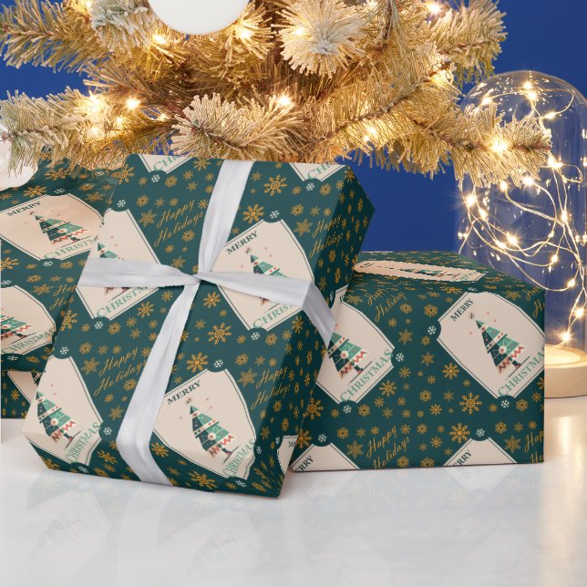 Papier Cadeau Carte de Noël rétro avec design d'arbre géométriqu (Vacances)