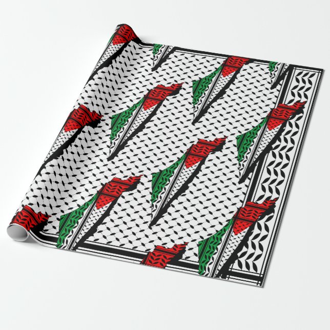 Papier Cadeau Carte de Palestine avec drapeau et Motif Keffiyeg (Déroulé)