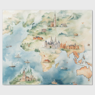 Papier Cadeau Carte de voyage à l'aquarelle
