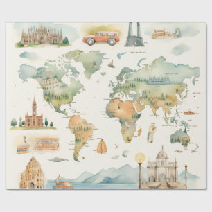 Papier Cadeau Carte de voyage à l'aquarelle