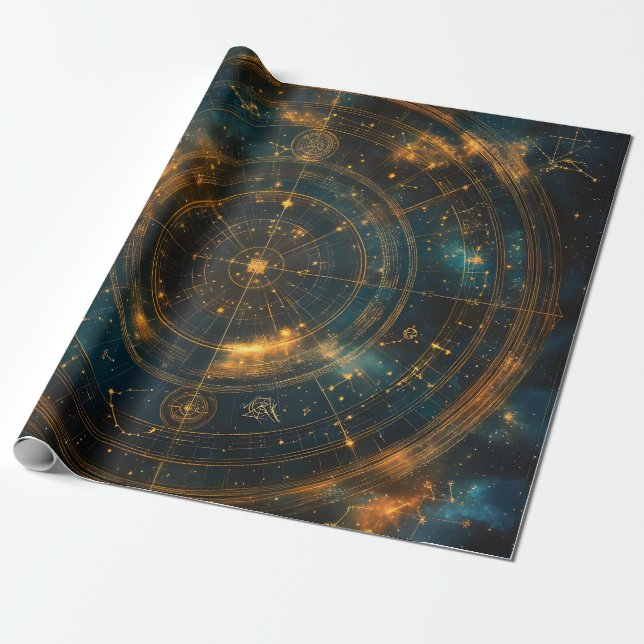 Papier Cadeau Carte des étoiles célestes d'or (Déroulé)