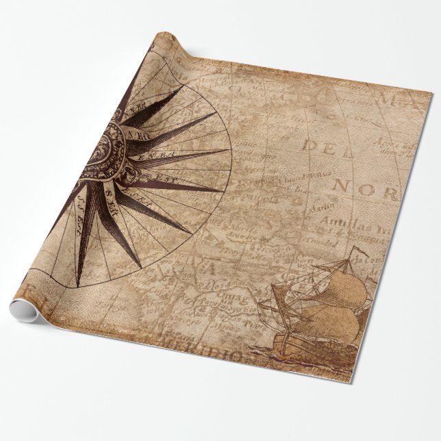 Papier Cadeau Carte mondiale de l'âge de découverte des navires  (Déroulé)