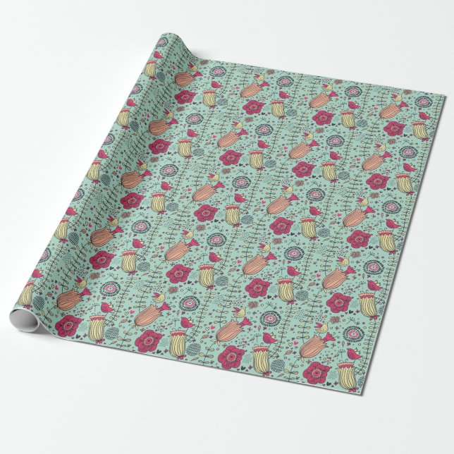 Papier Cadeau Cartographie à motifs floraux avec oiseaux (Déroulé)