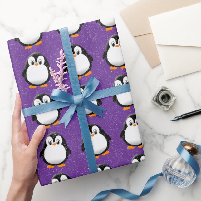 Papier Cadeau Carton en pingouin mignon personnalisé hiver viole (Cadeaux)
