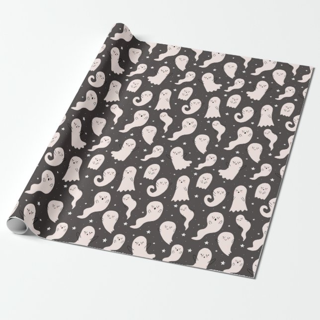 Papier Cadeau Carton mignon Halloween Ghost Dessin noir blanc (Déroulé)
