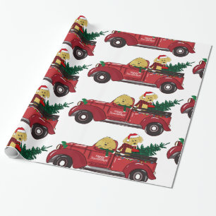 Papier Cadeau Cartoon Goldendoodles Camion de Noël Rouge