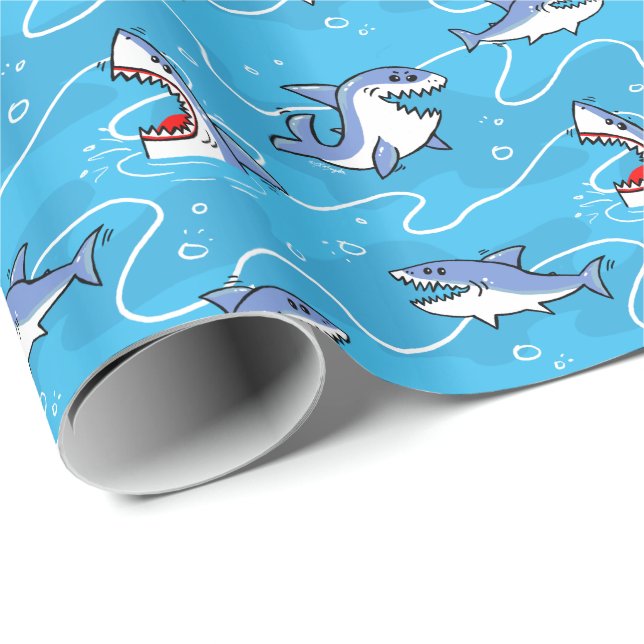 Papier Cadeau Cartoon Great White Sharks (Coin rond)