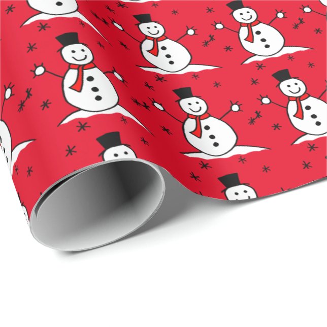 Papier Cadeau Cartoon mignon Snowman Rouge Papier d'enveloppemen (Coin rond)