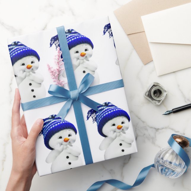 Papier Cadeau Cartoon Snowman en Casquette de laine bleu et blan (Cadeaux)