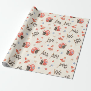 Papier Cadeau Casque de course rétro Drapeau à damier Anniversai