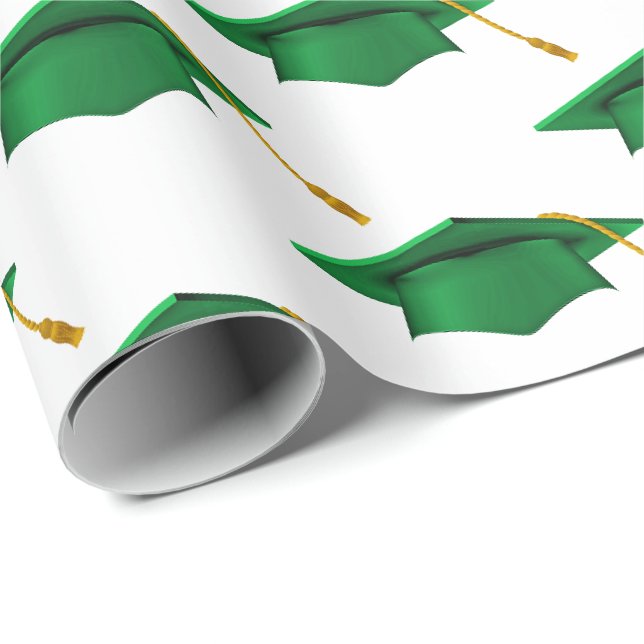 Papier Cadeau Casquettes de diplômes verts sur blanc (Coin rond)