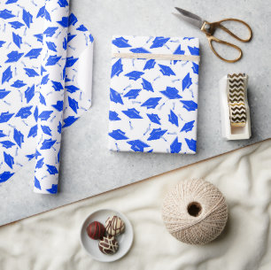 Papier Cadeau Casquettes de graduation bleu et blanc jetées dans
