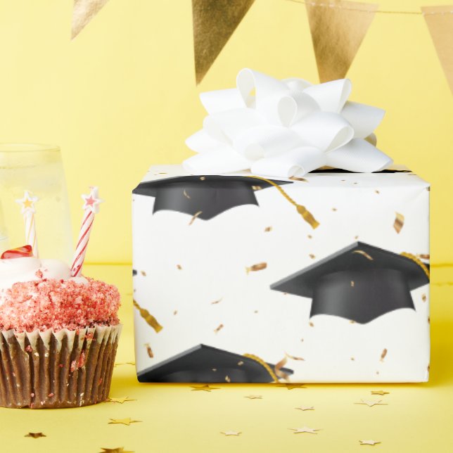 Papier Cadeau Casquettes de graduation noir et Confetti d'or (Fête d'anniversaire)