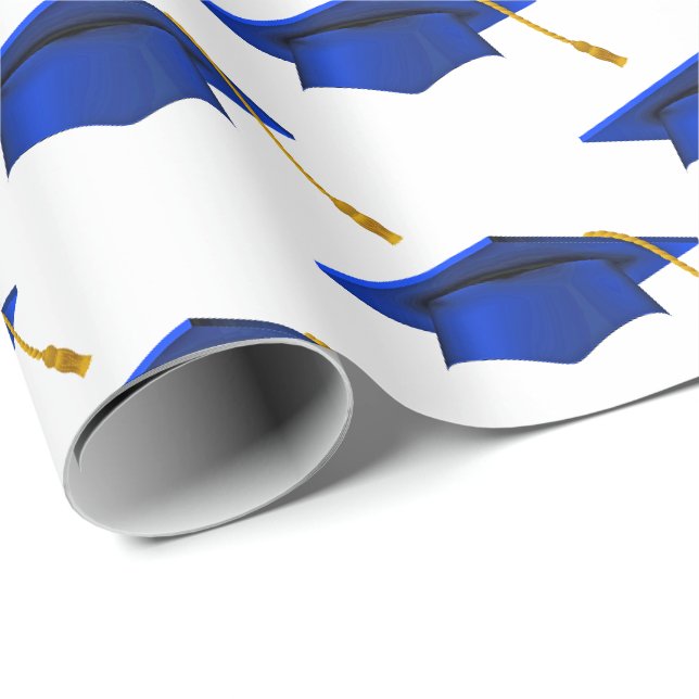 Papier Cadeau Casquettes de graduations bleues sur papier d'emba (Coin rond)