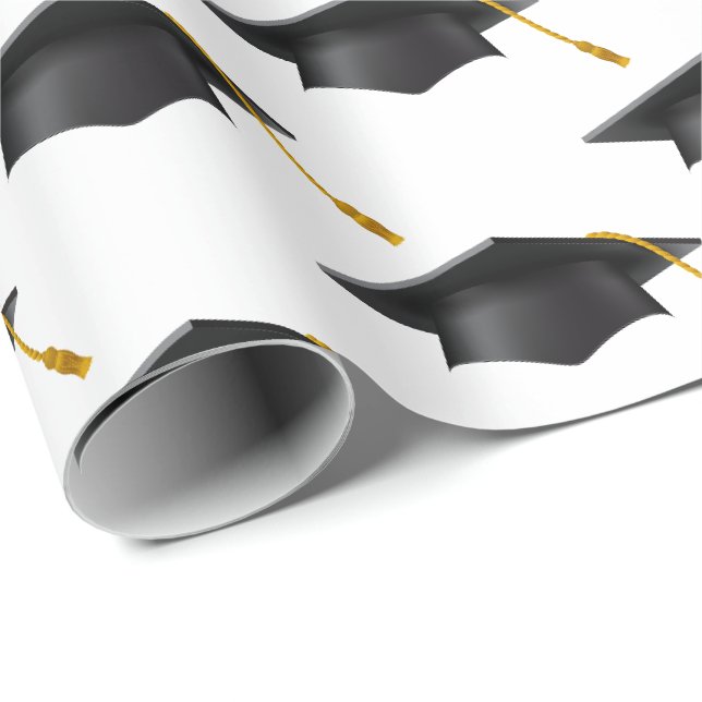 Papier Cadeau Casquettes de la Graduation Noire sur papier blanc (Coin rond)
