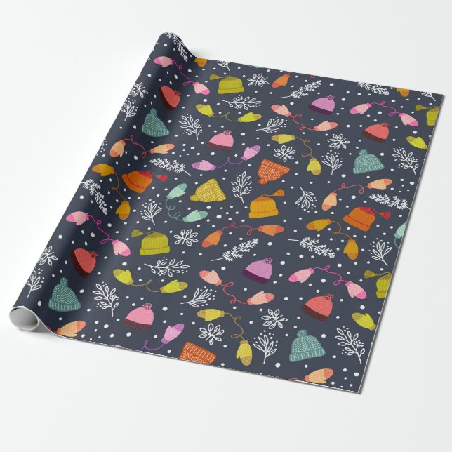 Papier Cadeau Casquettes et Motif d'hiver noir Mittens (Déroulé)