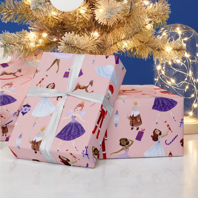 Papier Cadeau Casse-noix Ballerinas roses Arbres de Noël blancs (Créateur téléchargé)