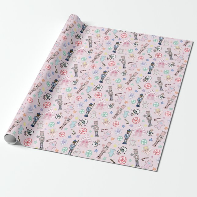Papier Cadeau Casse-noix rose, pain d'épices et neigeurs (Déroulé)