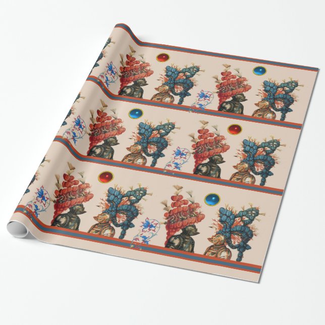 PAPIER CADEAU CASSETTES DE CHEVALIER ANTIQUE, FEUILLES BLEUES RO (Déroulé)