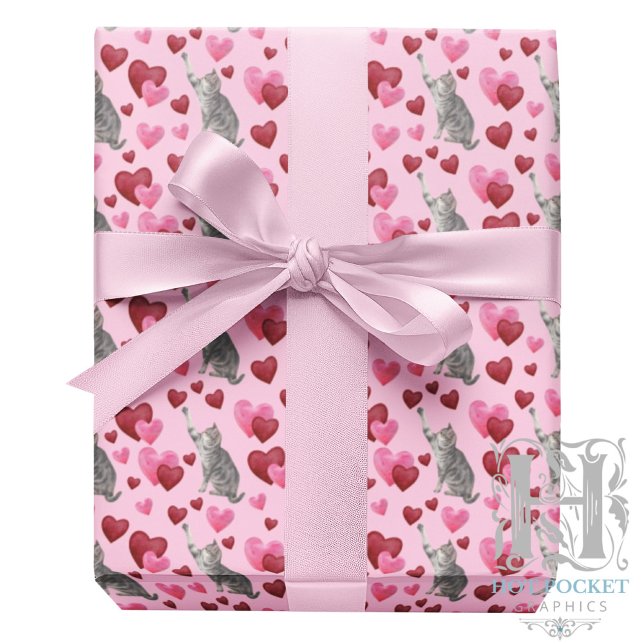 Papier Cadeau Cat Hearts Valentine Gift Wrapping Paper - Pink (Créateur téléchargé)