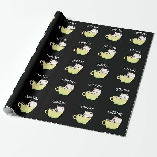 Papier Cadeau Catpuccino Funny Kitty Chat En Coupe Pun Dark BG (Déroulé)