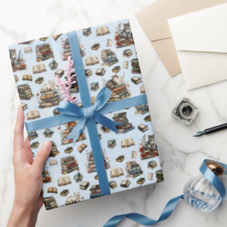 Papier Cadeau Cats & Books on Light Blue