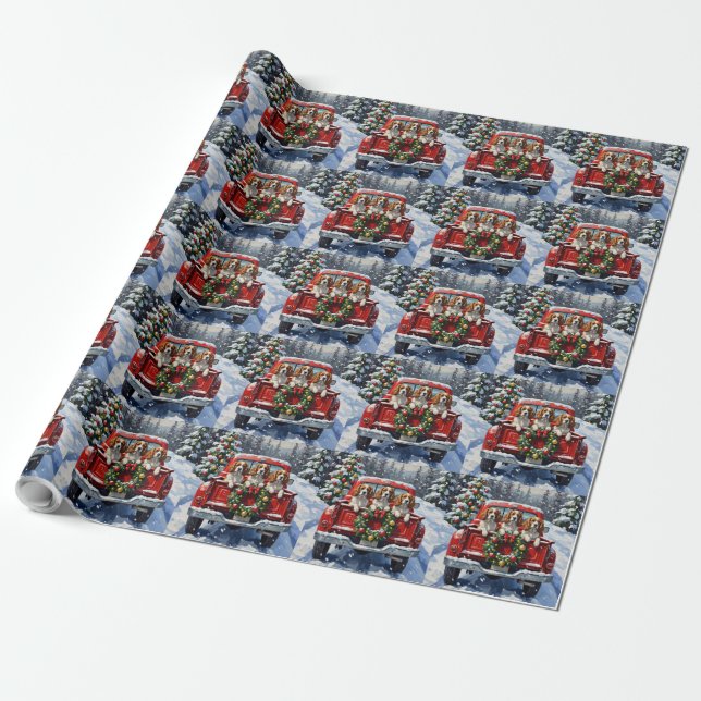 Papier Cadeau Cavalier King Charles Spaniel Christmas Red Truck (Déroulé)