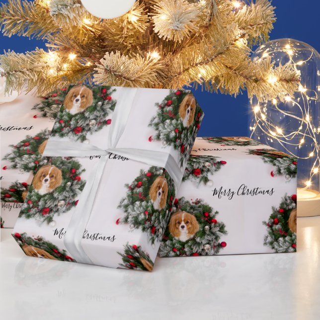 Papier Cadeau Cavalier King Charles Spaniel Noël Wreath (Vacances)