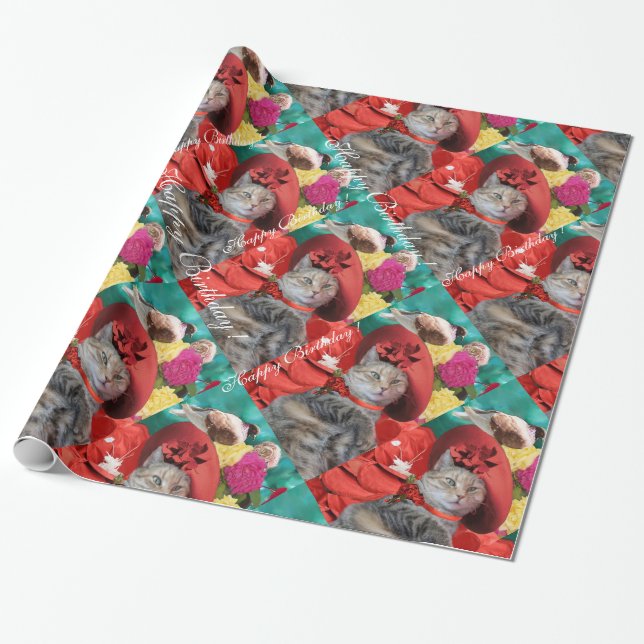 PAPIER CADEAU CÉLÉBRITÉ CAT PRINCESS TATUS, CASQUETTE ROUGE AVEC (Déroulé)