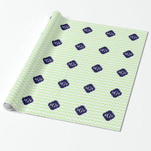 Papier Cadeau Celery Wht Chevron Navy Blue Quatrefoil 3 monogram