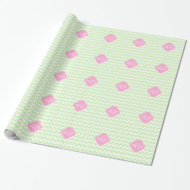 Papier Cadeau Célery Wht Chevron Pink Quatrefoil 3 Monogramme (Déroulé)