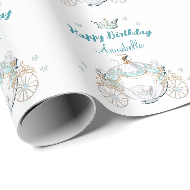 Papier Cadeau Cendrillon turquoise et or Princesse Carriage (Coin rond)