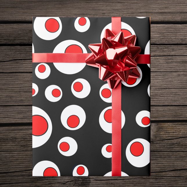 Papier Cadeau Cercles blancs rouges frais géométriques abstraits (Abstract bold geometric circle pattern in red white black on gift wrapping paper roll.)