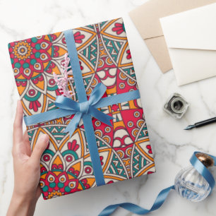 Papier Cadeau Cercles Mandala rouge jaune bleu