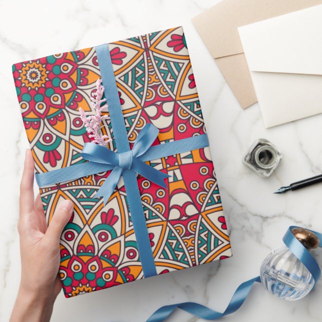 Papier Cadeau Cercles Mandala rouge jaune bleu (Cadeaux)