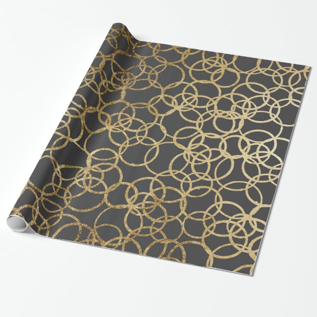 Papier Cadeau Cercles modernes d'or sur le noir de charbon de (Déroulé)