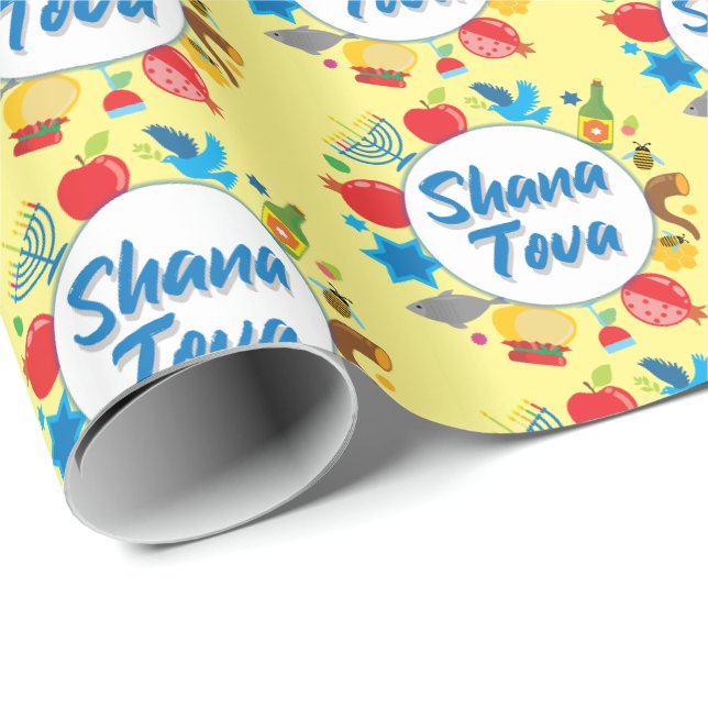 Papier Cadeau Cercles Shana Tova - jaune pastel (Coin rond)