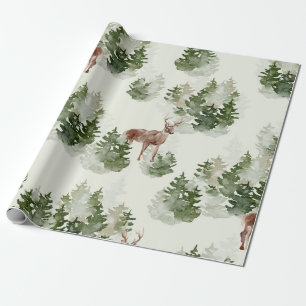 Papier Cadeau Cerf à l'aquarelle et forêt de pins brumeuse