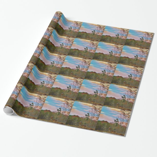Papier Cadeau Cerf avec ciel bleu rose (Déroulé)