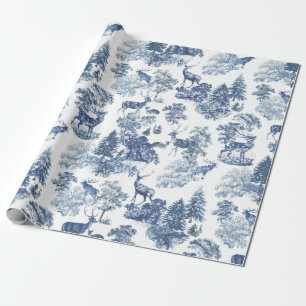 Papier Cadeau Cerf blanc bleu vintage dans le bois neigeux
