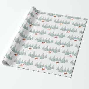 Papier Cadeau Cerf Brown de Fête sous Snowy Spruce Trees Blanc