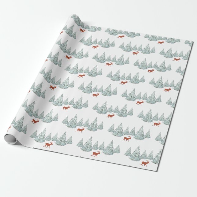 Papier Cadeau Cerf Brown de Fête sous Snowy Spruce Trees Blanc (Déroulé)