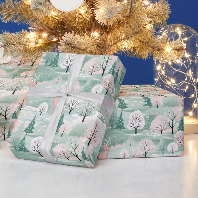 Papier Cadeau Cerf dans la pinte verte et rose Noël (Vacances)