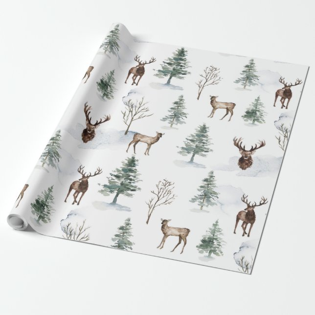 Papier Cadeau Cerf de Noël & arbres d'hiver motif (Déroulé)