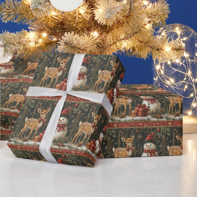 Papier Cadeau Cerf de Noël Bonhomme de neige Forêt enneigée Cade (Vacances)