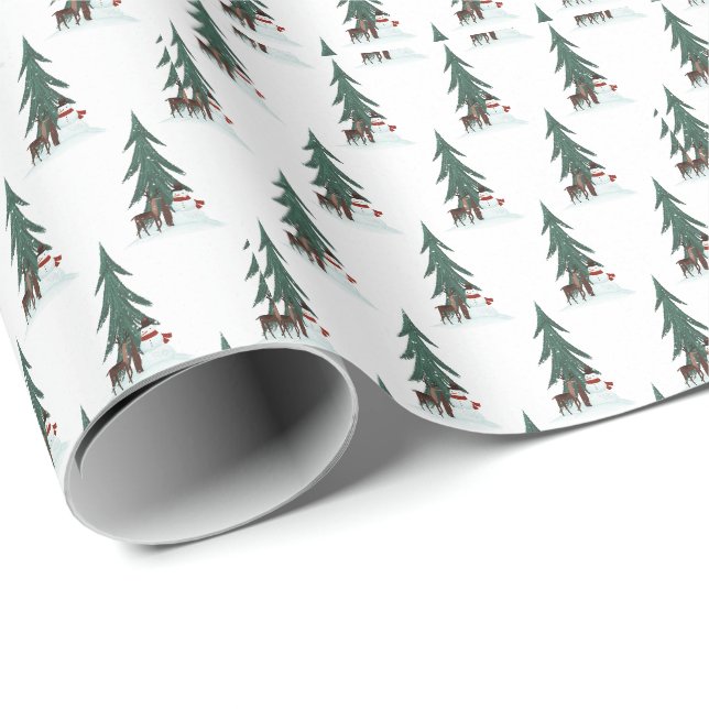 Papier Cadeau Cerf de Noël et bonhomme de neige (Coin rond)