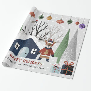 Papier Cadeau Cerf d'hiver, arbres et maison Noël vacances