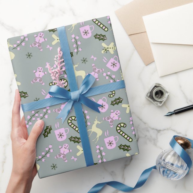 Papier Cadeau Cerf en pain d'épices Canne de bonbon Verdure Noël (Cadeaux)