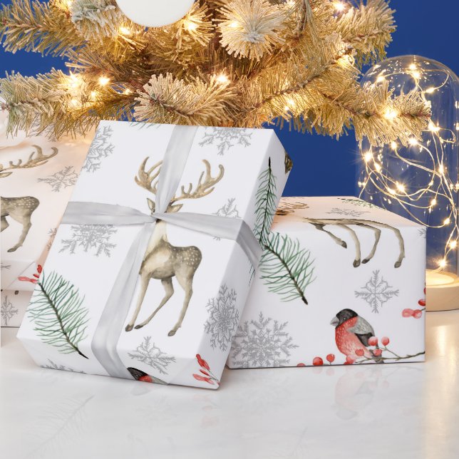 Papier Cadeau Cerf Et Bois D'Oiseaux Noël À Thème (Vacances)