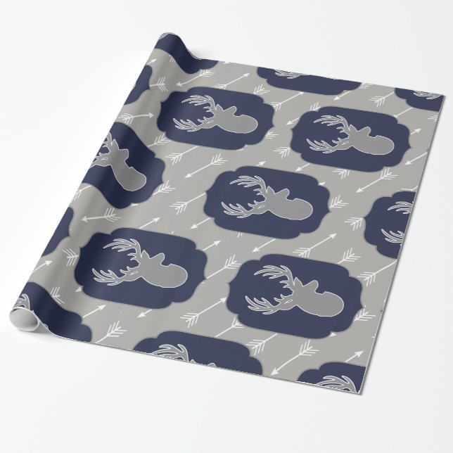 Papier Cadeau Cerf gris et flèches blanches rustiques (Déroulé)